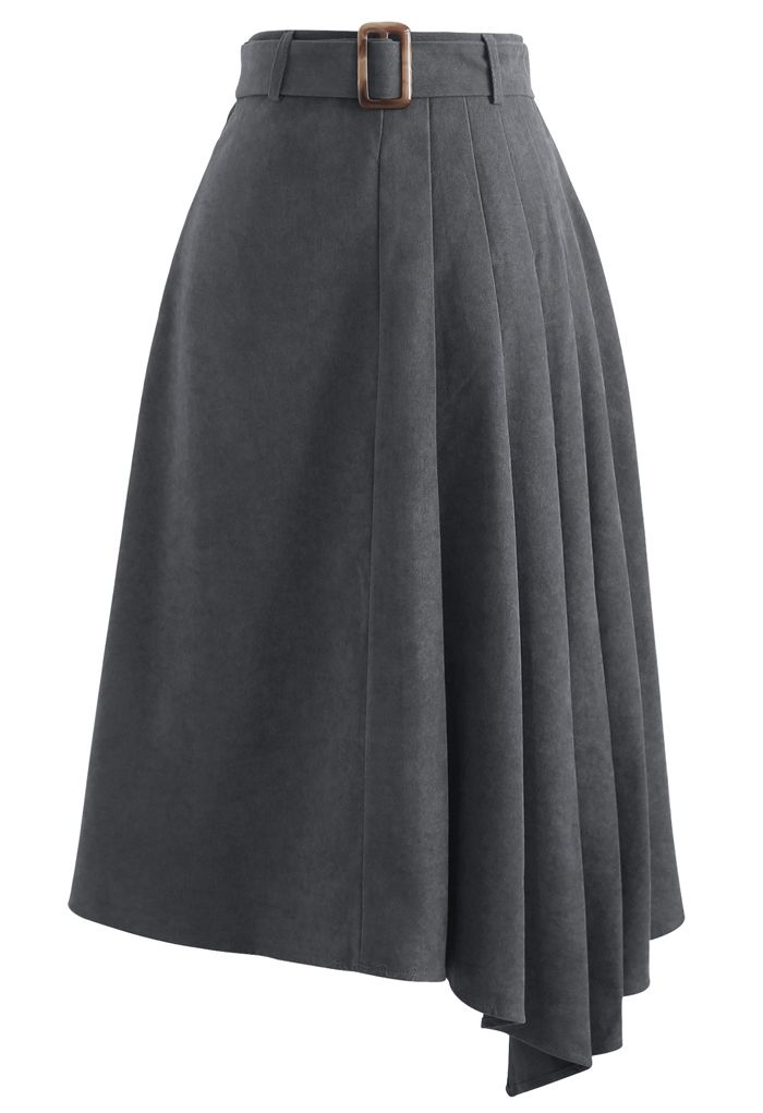 Side Pleats Belted Asymmetric Midi Skirt in Grey