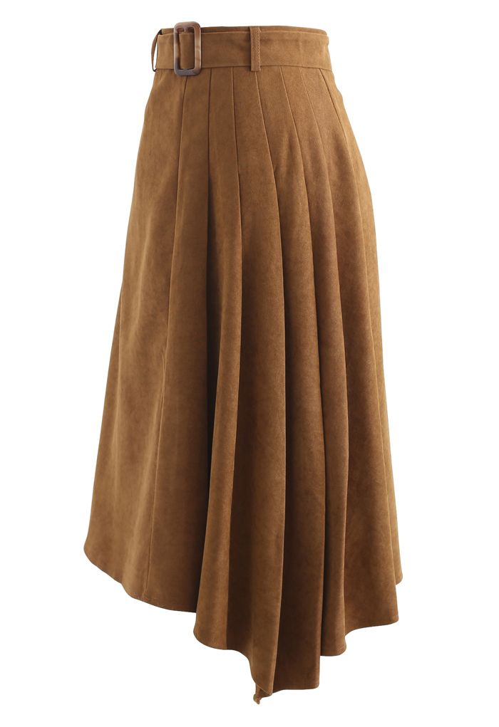 Side Pleats Belted Asymmetric Midi Skirt in Caramel