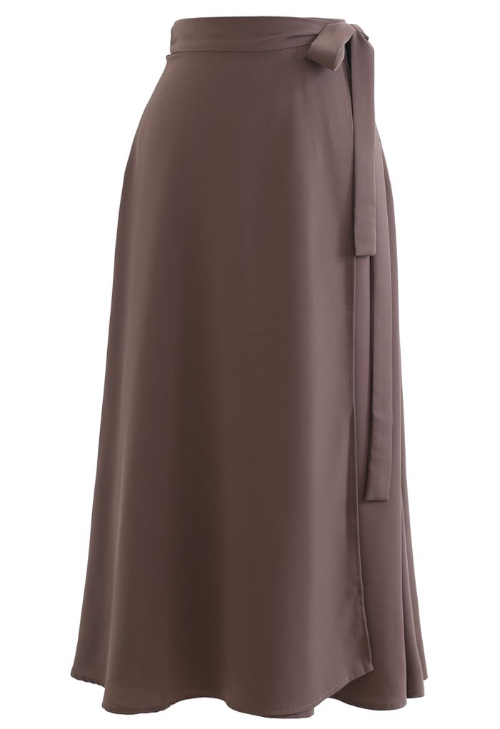 Tie Waist Wrap Midi Skirt in Brown