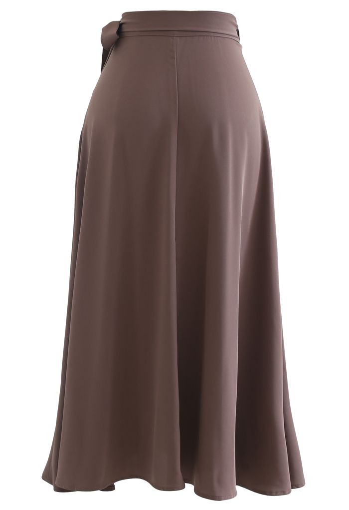 Tie Waist Wrap Midi Skirt in Brown