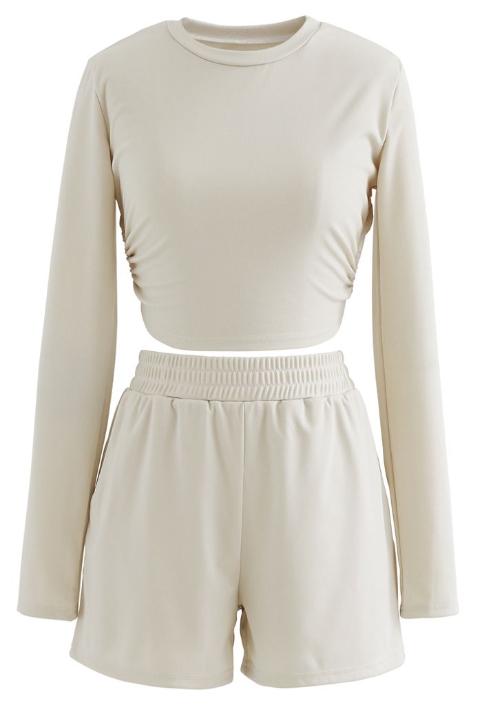 Cutout Tie Back Crop Top and Shorts Set in Light Tan
