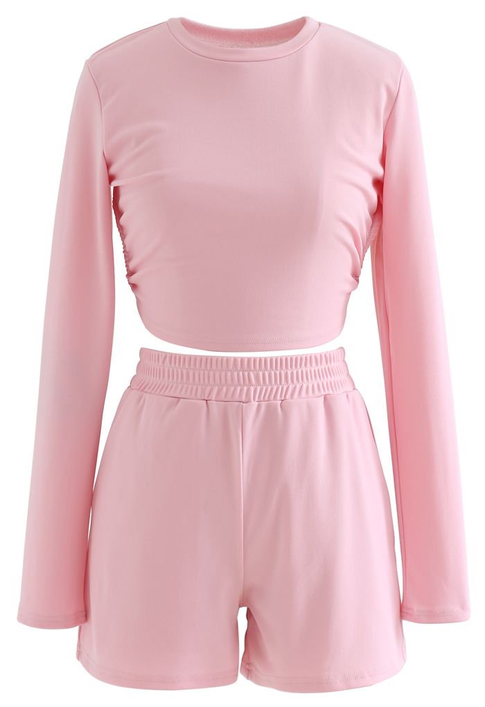 Cutout Tie Back Crop Top and Shorts Set in Pink