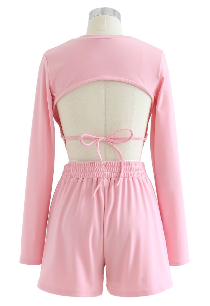 Cutout Tie Back Crop Top and Shorts Set in Pink