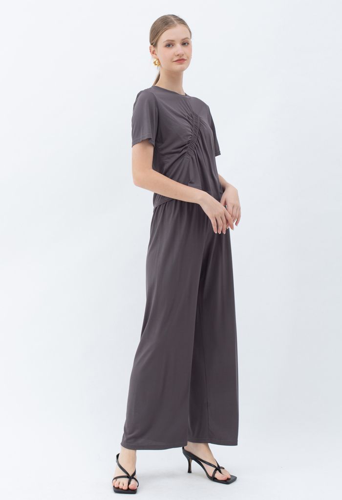 Ruched Trim T-Shirt and Pants Set in Smoke