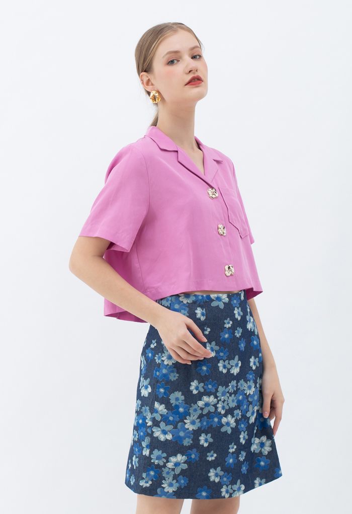 Notch Lapel Pocket Buttoned Crop Shirt in Pink