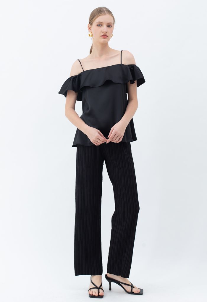 High Waist Pleated Pull-On Pants in Black