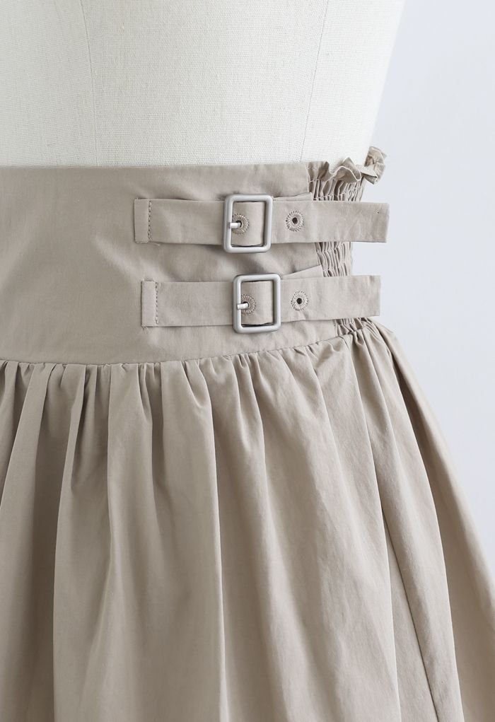 Dual Belt Trim Pleated Mini Skirt in Sand