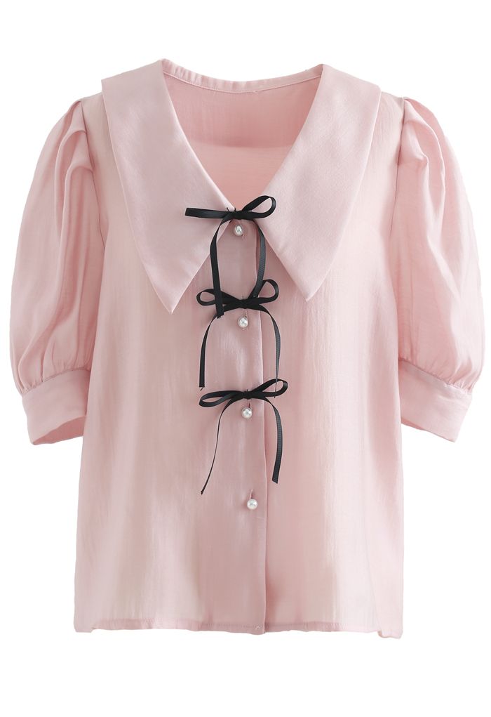 Collared Bowknot Buttoned Shirt in Pink