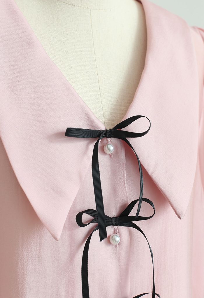 Collared Bowknot Buttoned Shirt in Pink