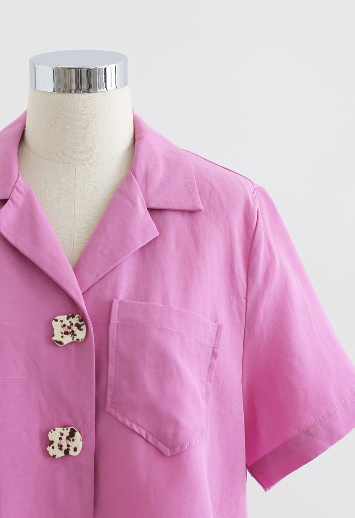 Notch Lapel Pocket Buttoned Crop Shirt in Pink