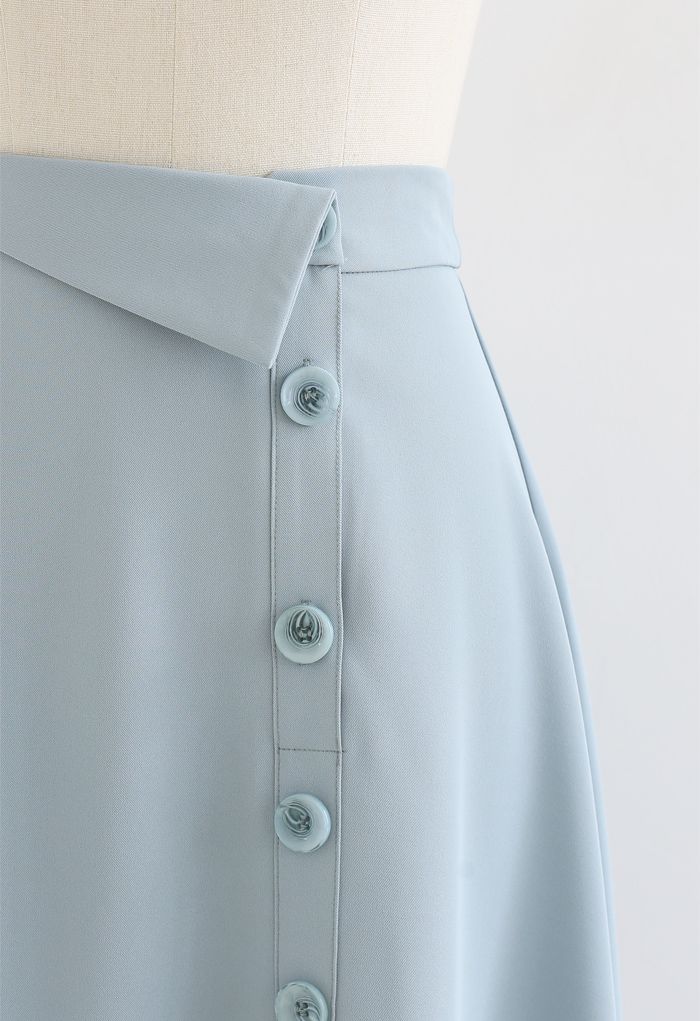 Button Decorated Asymmetric Midi Skirt in Light Blue