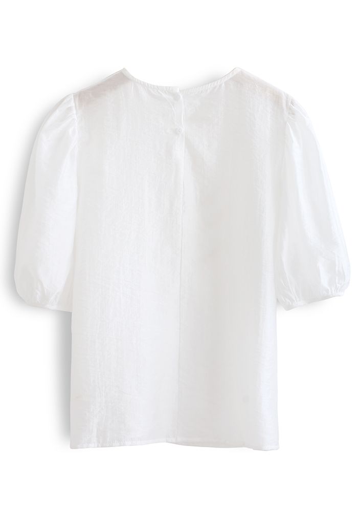 Semi-Sheer Mid Sleeve Embroidered Top in White