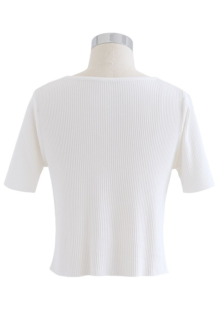 Buttoned V-Neck Short Sleeve Rib Knit Top in White