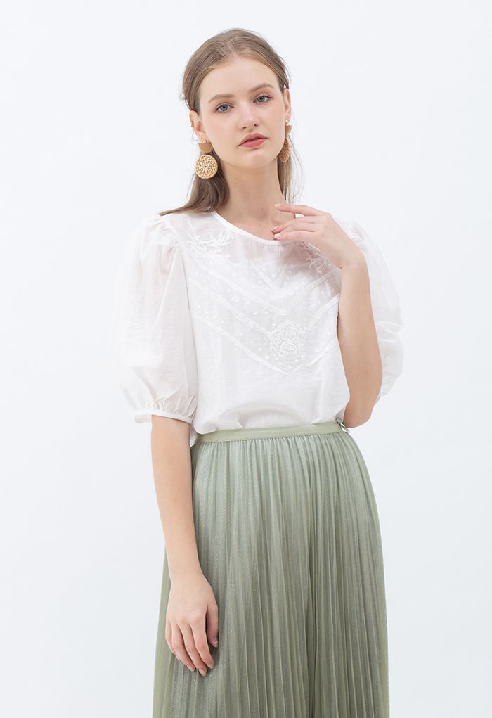 Semi-Sheer Mid Sleeve Embroidered Top in White