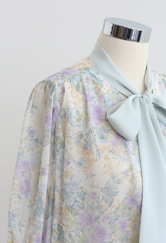 Vintage Floral Tie Neck Sheer Shirt in Mint