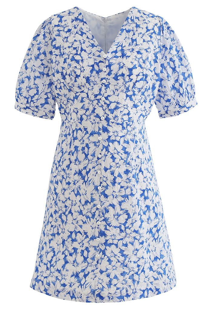 Gentle Blossom V-Neck Buttoned Mini Dress in Blue