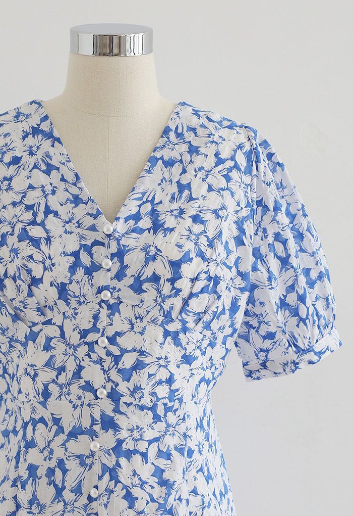 Gentle Blossom V-Neck Buttoned Mini Dress in Blue