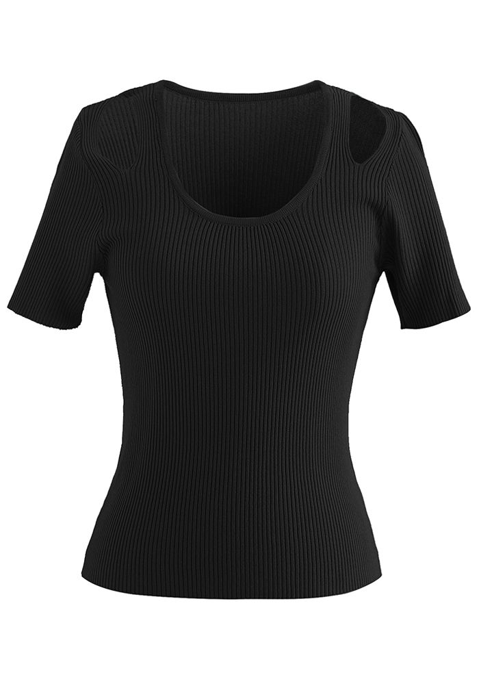 Cut Out Shoulder Ribbed Knit Top in Black