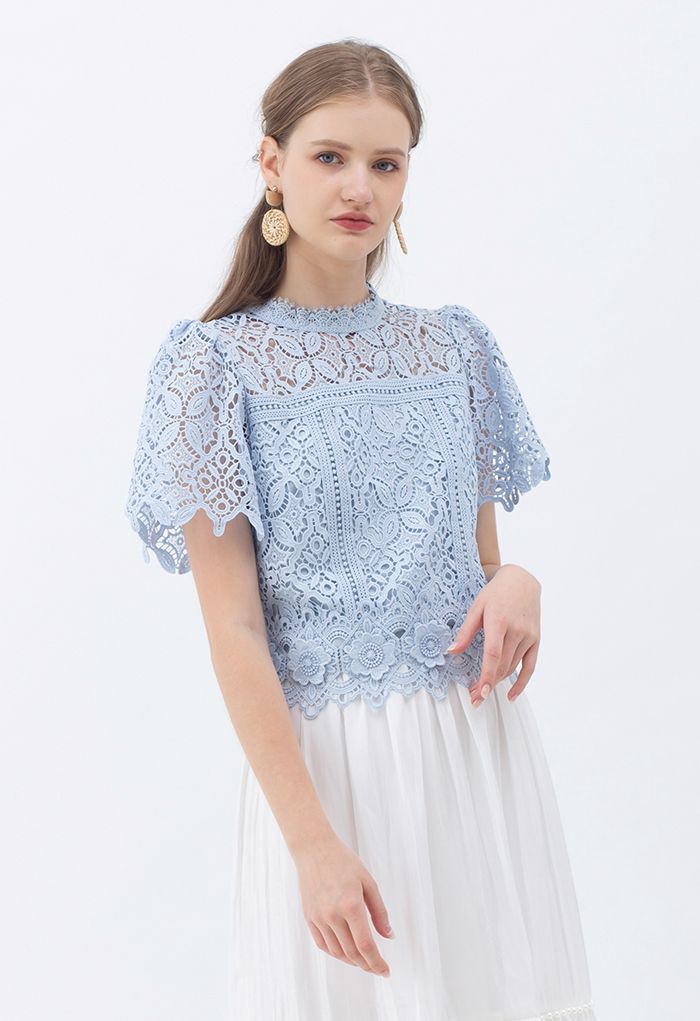 3D Flower Full Crochet Crop Top in Blue