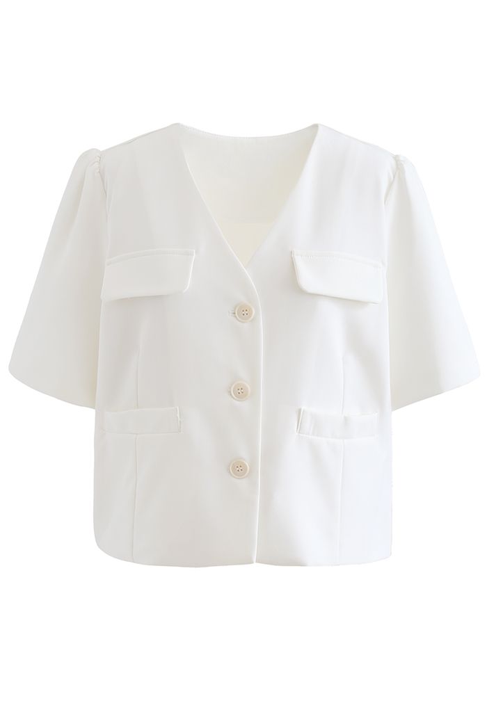 Button Down Short Sleeve Cropped Blazer in White