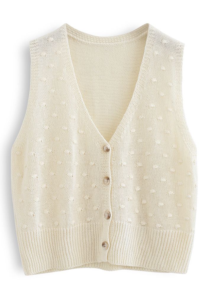 Dotted Button Down Sleeveless Knit Cardigan in Cream
