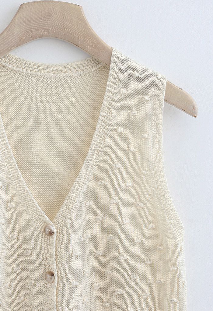 Dotted Button Down Sleeveless Knit Cardigan in Cream