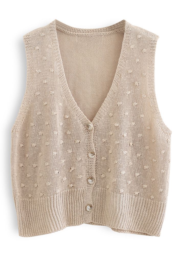 Dotted Button Down Sleeveless Knit Cardigan in Tan