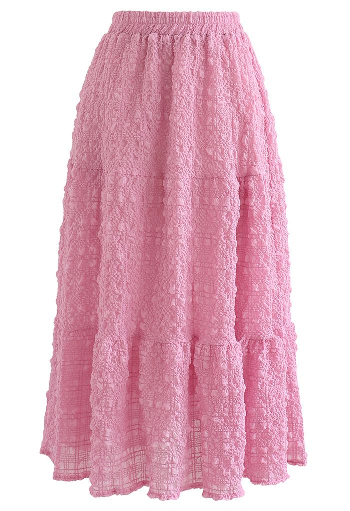 Full of Embossing Frill Hem Midi Skirt in Hot Pink