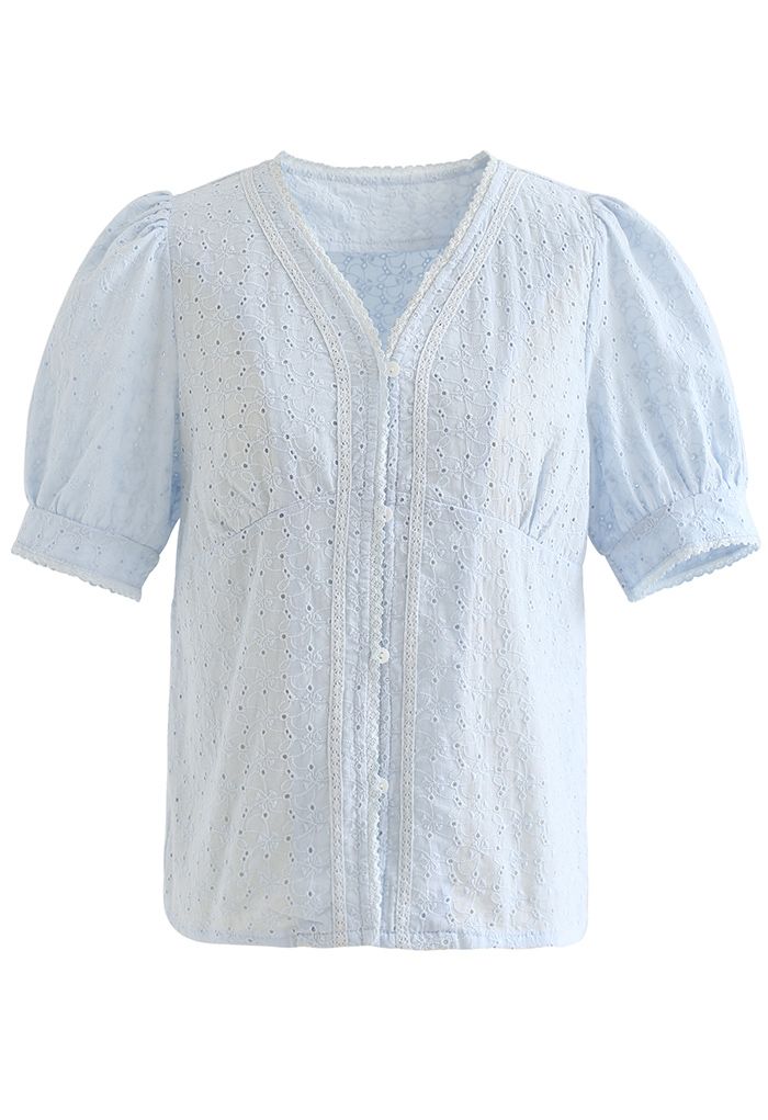 V-Neck Buttoned Eyelet Cotton Top in Sky Blue