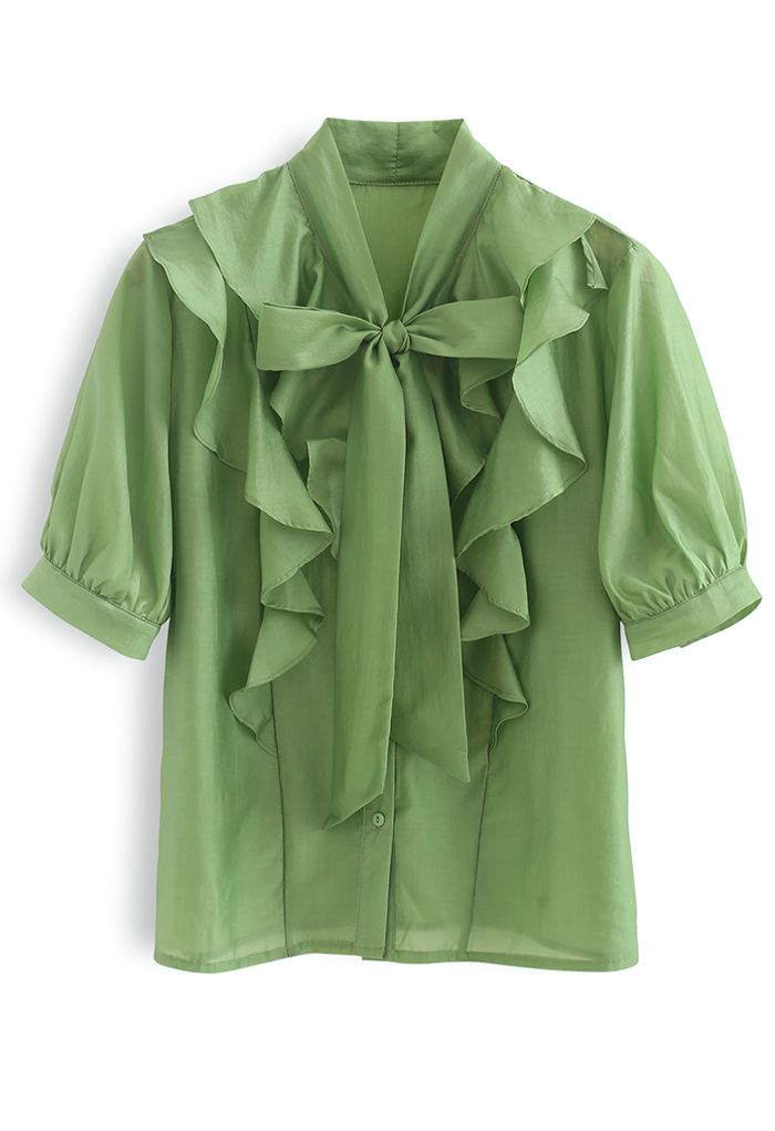 Flowy Ruffle Bow Neck Mid Sleeve Shirt in Green