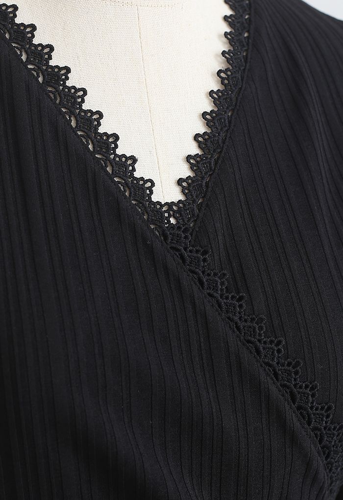 Side Drawstring Wrap Ribbed Top in Black