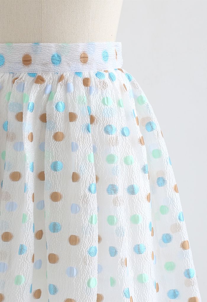 Colorful Dots Jacquard Organza Pleated Skirt in White
