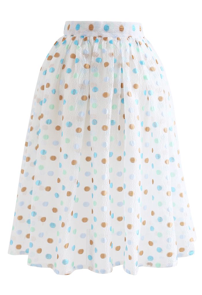 Colorful Dots Jacquard Organza Pleated Skirt in White
