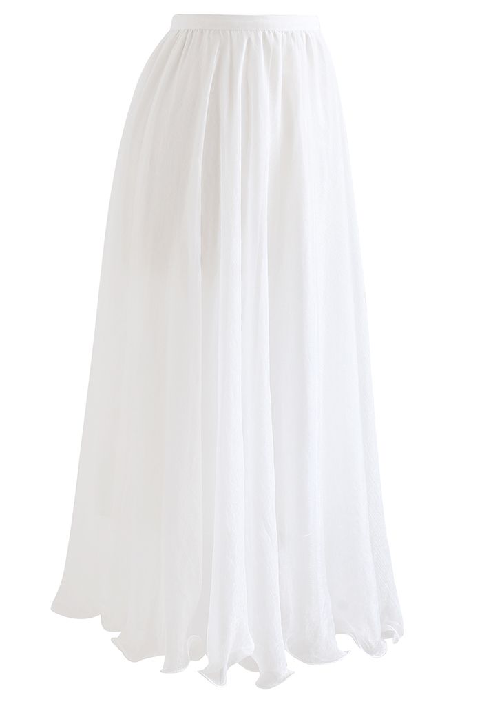 Subtle Shimmer Semi-Sheer Pleated Midi Skirt in White