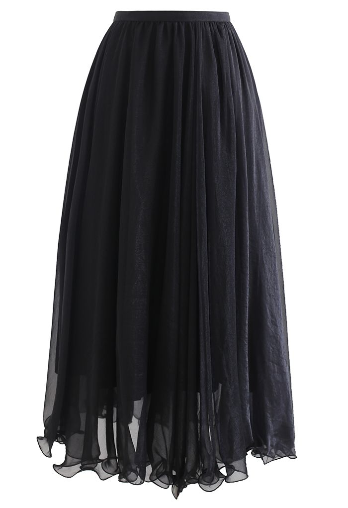 Subtle Shimmer Semi-Sheer Pleated Midi Skirt in Black