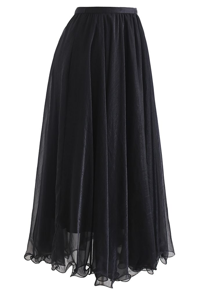 Subtle Shimmer Semi-Sheer Pleated Midi Skirt in Black