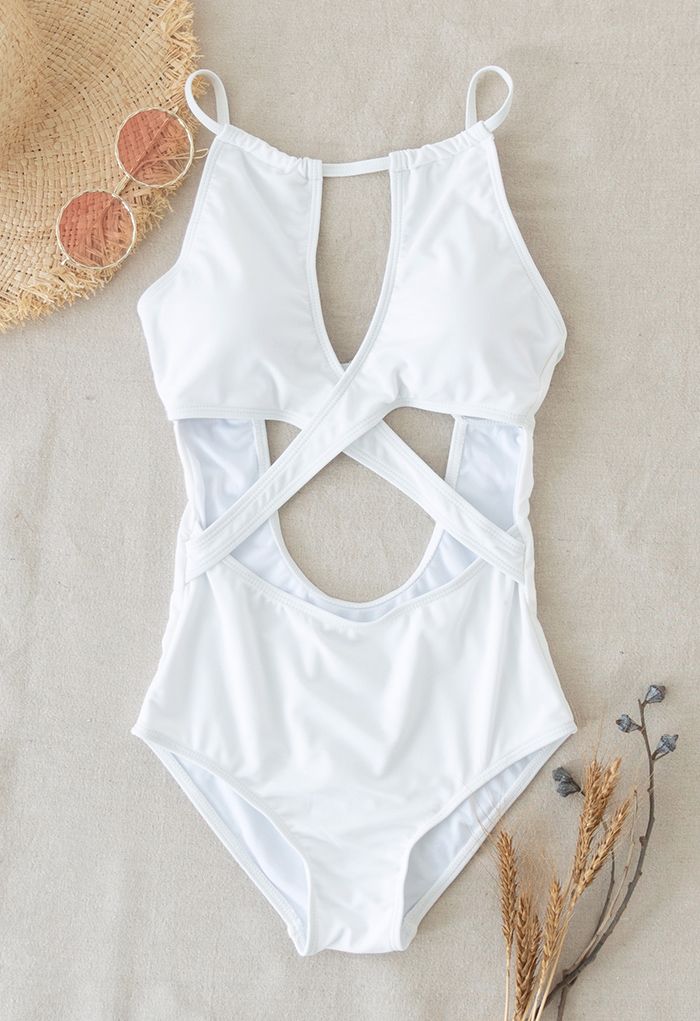 Cross Front Cutout Cami Swimsuit in White