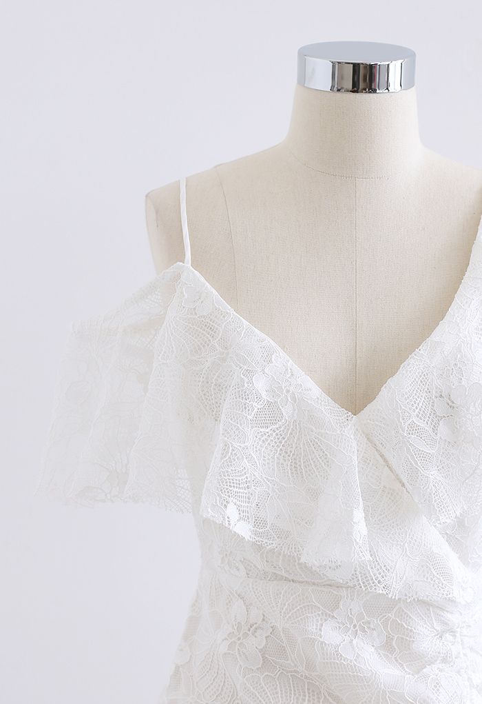 Cold-Shoulder Full Lace Frilling Dress in White