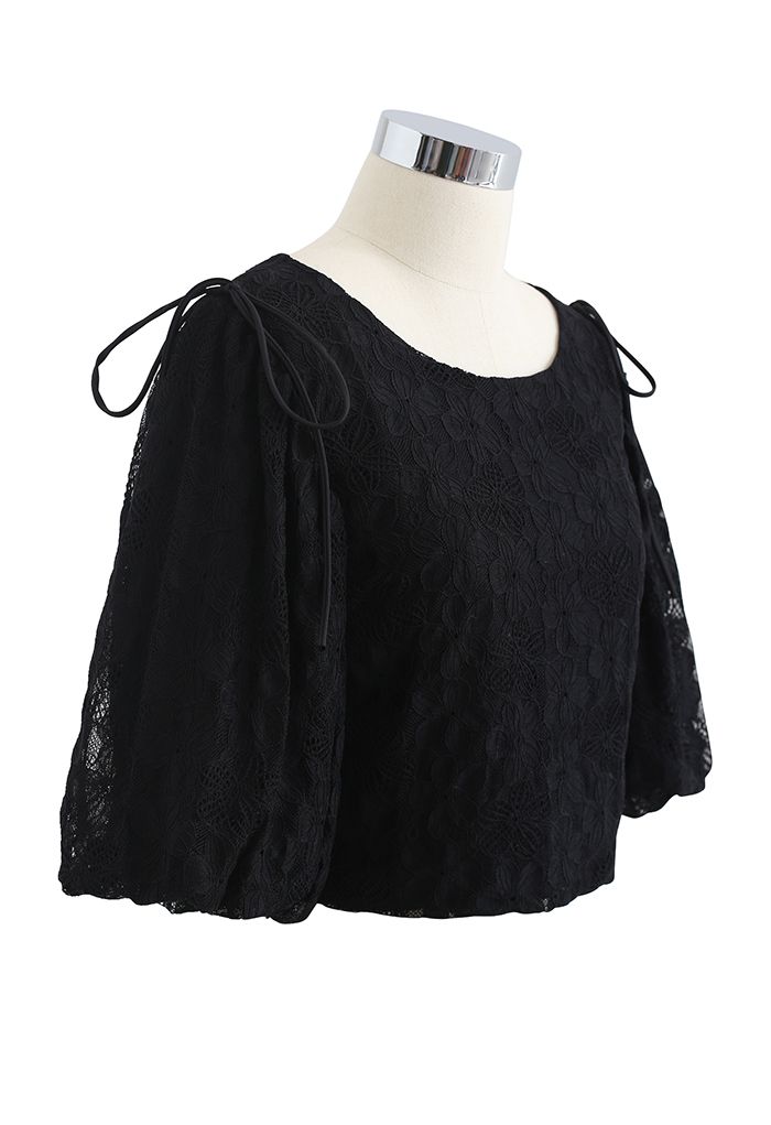 Soft Touch Lace Puff Sleeve Cropped Top in Black