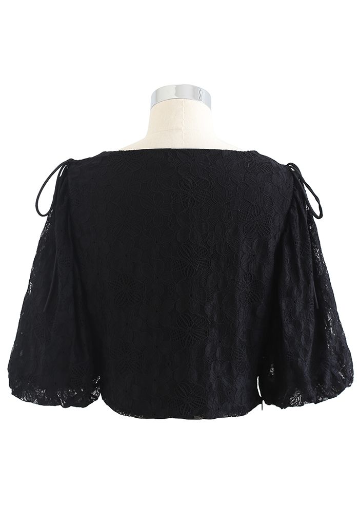 Soft Touch Lace Puff Sleeve Cropped Top in Black