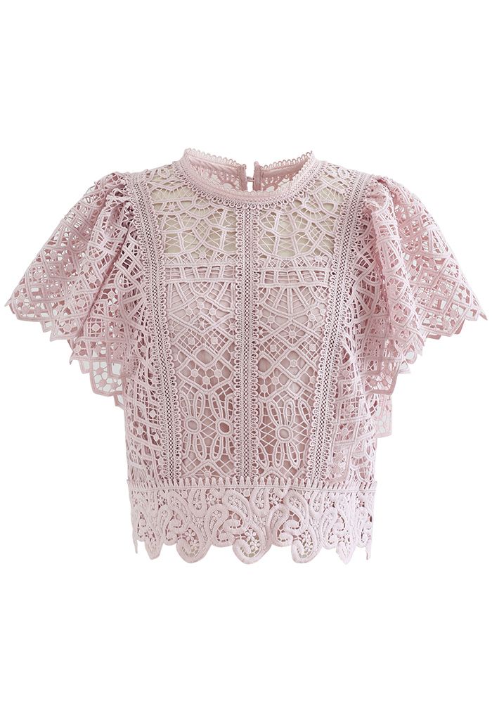 Ruffle Sleeves Full Crochet Crop Top in Dusty Pink