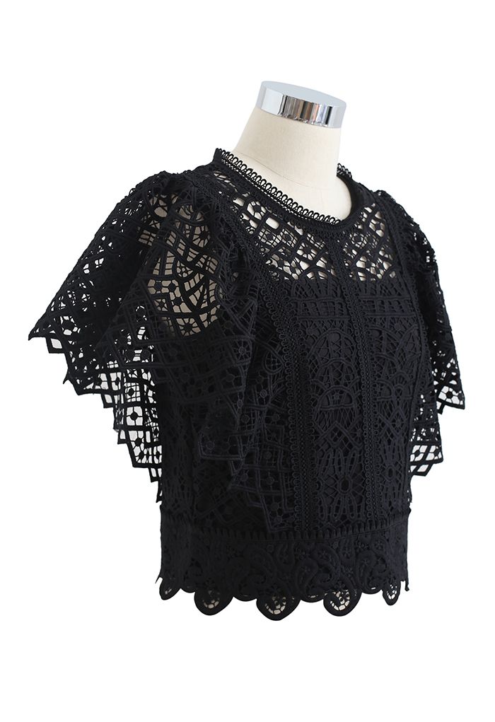 Ruffle Sleeves Full Crochet Crop Top in Black