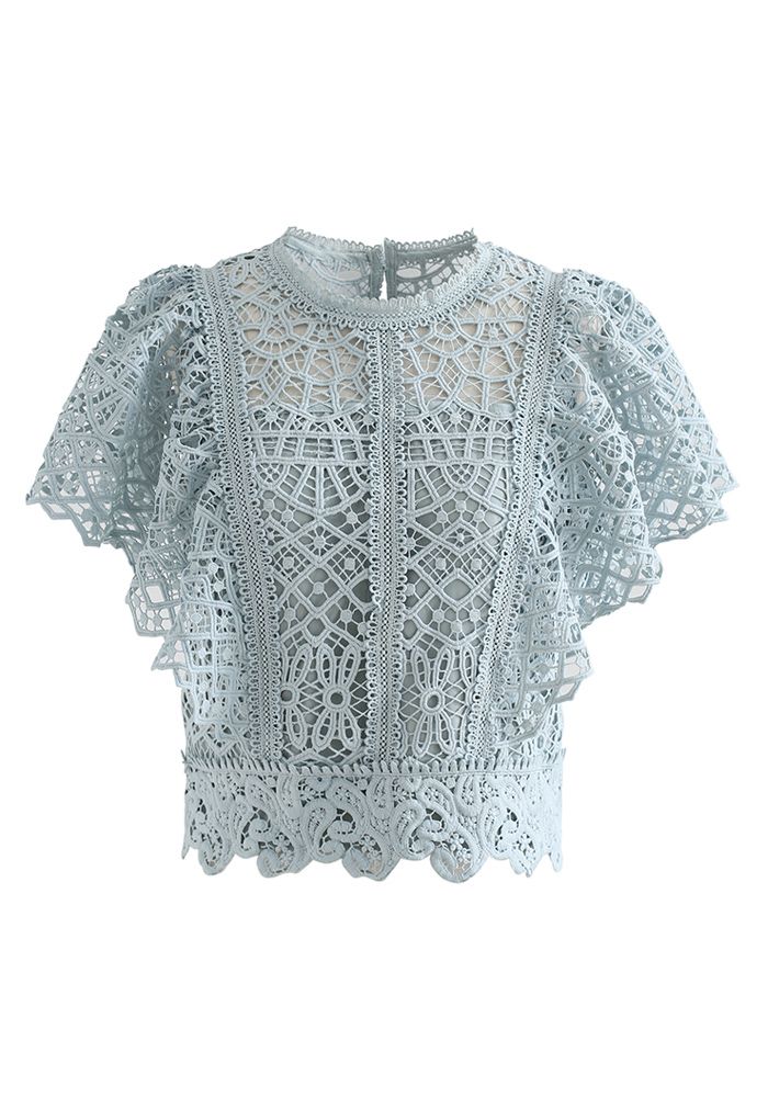 Ruffle Sleeves Full Crochet Crop Top in Dusty Blue