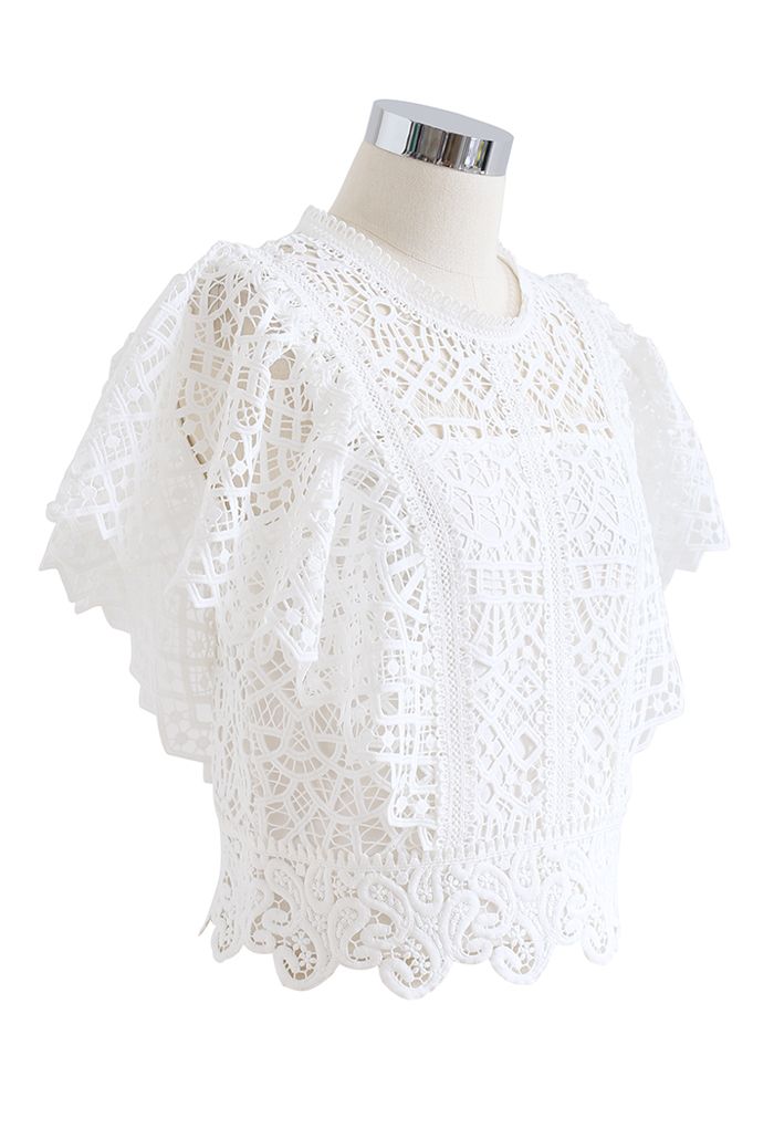 Ruffle Sleeves Full Crochet Crop Top in White - Retro, Indie and Unique ...