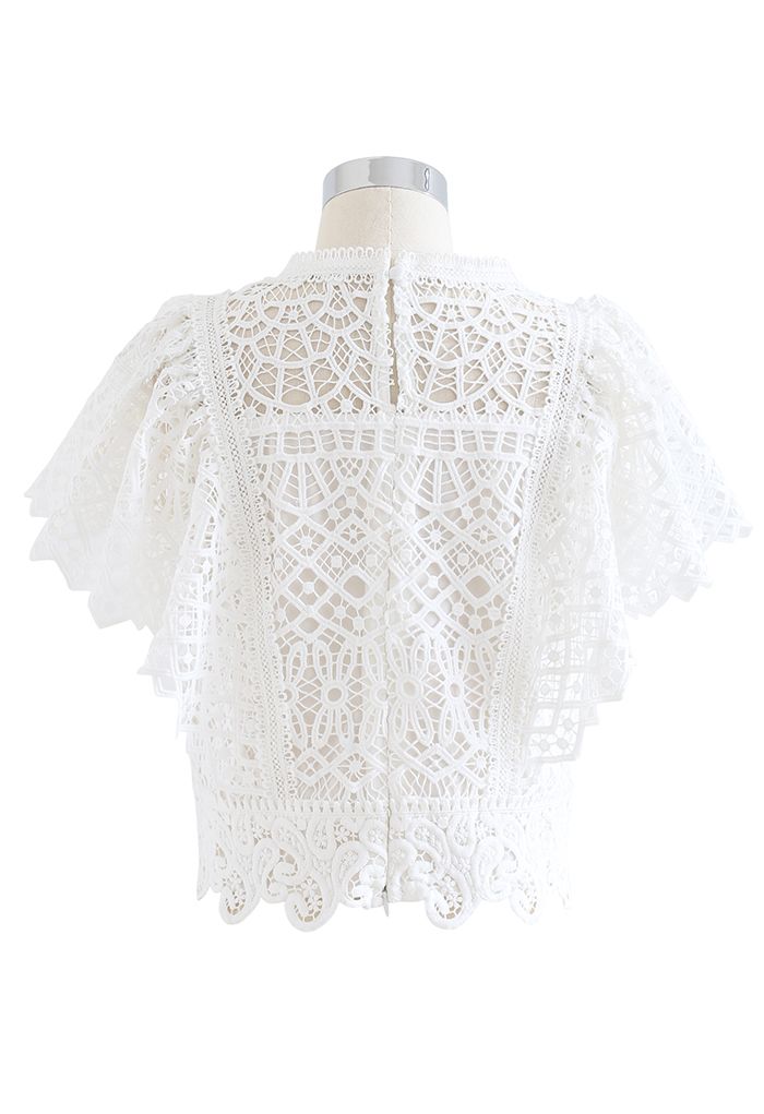 Ruffle Sleeves Full Crochet Crop Top in White