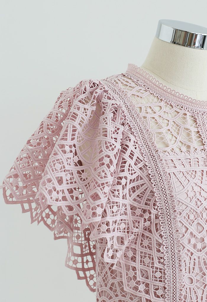 Ruffle Sleeves Full Crochet Crop Top in Dusty Pink