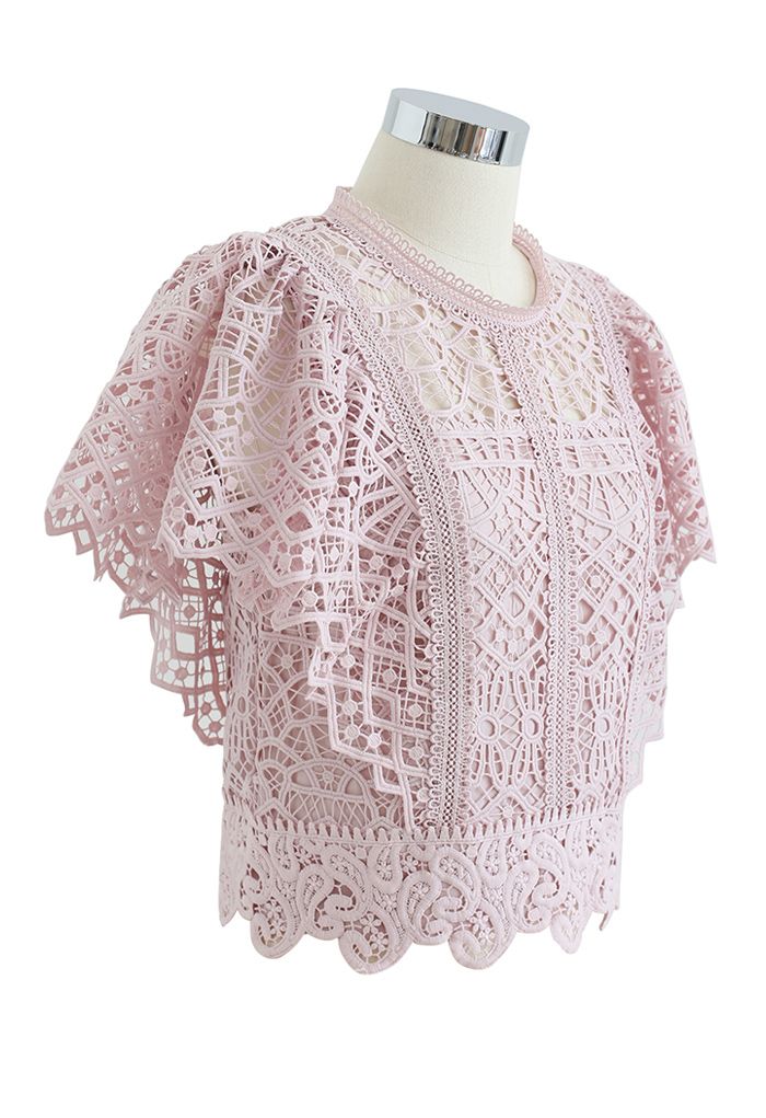 Ruffle Sleeves Full Crochet Crop Top in Dusty Pink