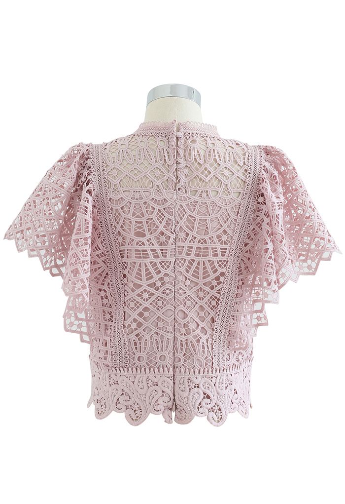 Ruffle Sleeves Full Crochet Crop Top in Dusty Pink