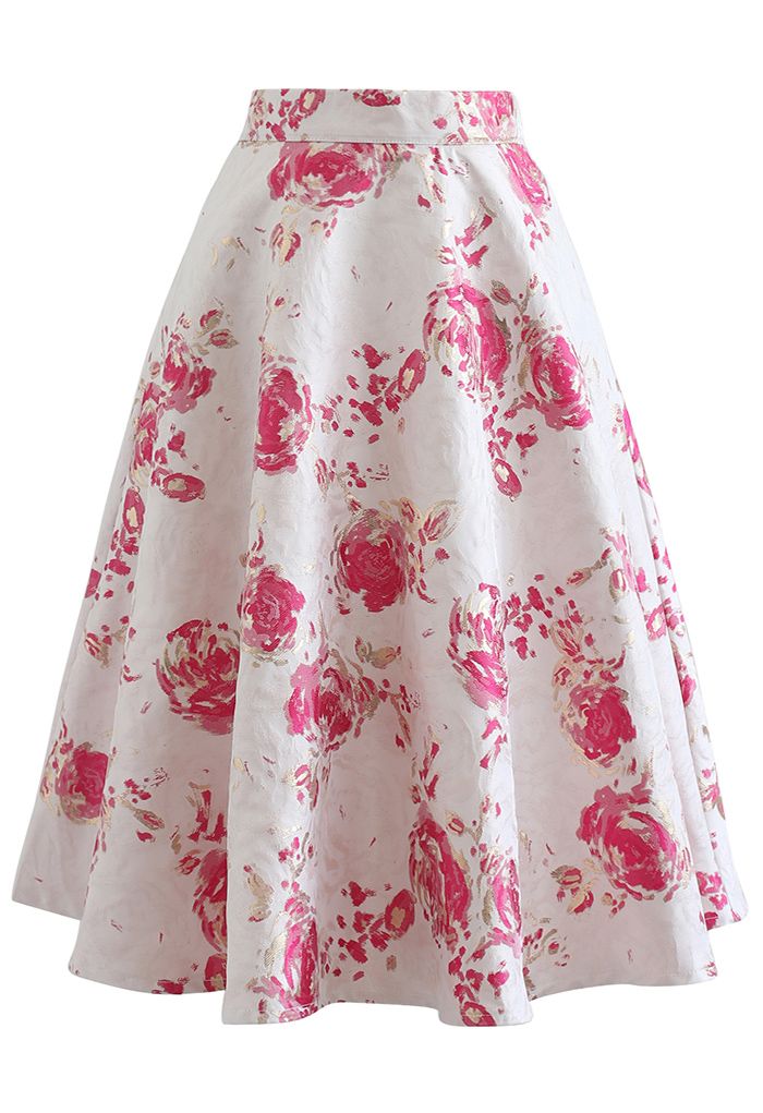 Reddish Rose Jacquard A-Line Midi Skirt