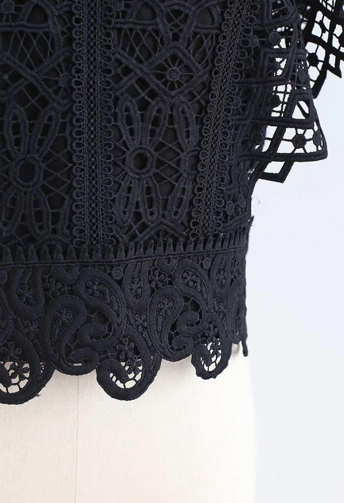 Ruffle Sleeves Full Crochet Crop Top in Black